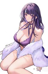  absurdres alternate_costume artist_name braid breasts cleavage female genshin_impact halterneck highres large_breasts long_hair looking_at_viewer low-braided_long_hair low-tied_long_hair mole mole_under_eye purple_eyes purple_hair raiden_shogun rudang sitting sweat sweatdrop thighs very_long_hair wariza white_background 