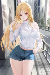  absurdres bare_shoulders blonde_hair blue_shorts blush breasts building clothing_cutout commentary commission cowboy_shot denim denim_shorts english_commentary female grin hand_on_own_hip highres lillly long_hair long_sleeves looking_at_viewer midriff original outdoors railing red_eyes shirt short_shorts shorts shorts_tug shoulder_cutout sidelocks smile solo thigh_gap thighs tree v white_shirt 