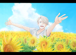  1boy :d blue_eyes blue_sky cloud commentary_request day flower grey_hair letterboxed male_focus open_mouth outstretched_arms shirt sky smile spread_arms sunflower t-shirt takeshi_(mononohu20) upper_body viktor_nikiforov yuri!!!_on_ice 