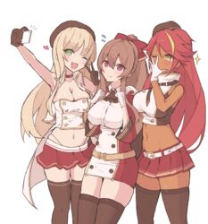  3girls azur_lane bad_id bad_pixiv_id belt black_gloves black_legwear blonde_hair blush breasts brown_hair cleavage crop_top dark-skinned_female dark_skin fiji_(azur_lane) gloves green_eyes hair_between_eyes hair_ribbon hamuhamu_hamuo hat head_tilt highleg highleg_panties jamaica_(azur_lane) large_breasts long_hair multicolored_hair multiple_girls navel one_eye_closed open_mouth panties parted_bangs pleated_skirt ponytail red_eyes red_hair red_ribbon red_skirt ribbon selfie shirt sidelocks simple_background skirt sleeveless sleeveless_shirt smile standing streaked_hair swiftsure_(azur_lane) thighhighs thighs underwear v very_long_hair white_background white_gloves yellow_eyes 