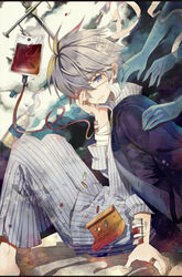  1boy bandaged_arm bandaged_head bandages bandaid bandaid_on_hand blood blood_bag blue_eyes bottle box clou_(saibai_shounen) eyepatch feet_out_of_frame grey_hair hair_between_eyes hospital_gown intravenous_drip iv_stand jacket jacket_on_shoulders knees_up long_sleeves looking_at_viewer male_focus medical_eyepatch official_art pants pill rednian saibai_shounen second-party_source shirt short_hair sitting solo striped_clothes striped_pants striped_shirt transparent_hand 