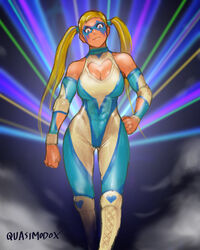  absurdres alt_text arm_at_side ass_visible_through_thighs blonde_hair blue_bodysuit blue_eyes bodysuit boots breasts cleavage cleavage_cutout clenched_hands clothing_cutout covered_abs cross-laced_footwear detached_sleeves elbow_pads english_commentary facepaint facing_viewer female hand_on_own_hip head_tilt heart heart_cutout heart_print highres knee_boots knee_pads lace-up_boots large_breasts laser_projector long_hair multicolored_clothes quasimodox rainbow_mika solo street_fighter street_fighter_6 taut_bodysuit twintails two-tone_bodysuit walking white_bodysuit white_footwear wrestling_outfit 