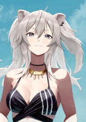  adapted_costume ahoge animal_ears bikini black_bikini blue_sky blush breasts cleavage closed_mouth cloud commentary day ear_piercing female gold_necklace grey_eyes grey_hair hair_between_eyes highres hololive jewelry large_breasts lion_ears lion_girl lion_tail long_hair looking_at_viewer makimaki_makky7 messy_hair multiple_piercings necklace piercing shishiro_botan shishiro_botan_(1st_costume) sidelocks sky smug solo strap_gap swimsuit tail two_side_up upper_body virtual_youtuber 