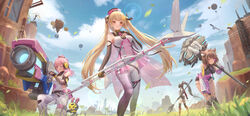  4girls animal_ears bent_over bird black_hair blonde_hair blush bodysuit breasts brown_hair city echo_(tower_of_fantasy) ene_(tower_of_fantasy) from_behind gloves goggles goggles_on_head grass gun hammer hat highres hilda_(tower_of_fantasy) holding holding_weapon jay_xu large_breasts long_hair looking_at_viewer medium_breasts medium_hair multiple_girls outdoors palm_tree pepper_(tower_of_fantasy) pink_hair polearm ponytail shirt shorts sky smile spear tongue tongue_out tower_of_fantasy tree very_long_hair weapon yellow_eyes 