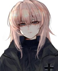  black_jacket black_shirt blue_eyes casual closed_mouth commentary_request emblem female girls_und_panzer grey_hair half-closed_eyes itsumi_erika jacket looking_at_viewer medium_hair mityubi open_clothes open_jacket portrait shirt simple_background solo white_background 