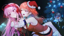  2girls blush bow bow_choker christmas christmas_lights christmas_ornaments christmas_tree earrings feather_earrings feathers fur-trimmed_headwear fur_trim gift gradient_hair hat highres hololive hololive_english jewelry long_hair merry_christmas mori_calliope mori_calliope_(1st_costume) multicolored_hair multiple_girls orange_hair pink_hair red_bow santa_hat takanashi_kiara takanashi_kiara_(1st_costume) tsundere twice12314 virtual_youtuber yuri 