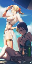  2girls abs aduti_momoyama ass asymmetrical_hair bare_shoulders beach_chair beach_umbrella bikini black_one-piece_swimsuit blonde_hair blue_eyes blue_sky bracelet breasts casual_one-piece_swimsuit catherine_(fire_emblem) catherine_(summer)_(fire_emblem) choker cleavage closed_mouth cocktail_glass collarbone cup dark-skinned_female dark_skin drinking_glass drinking_straw english_text fire_emblem fire_emblem:_three_houses fire_emblem_heroes flower from_side hair_flower hair_ornament hibiscus highres jewelry large_breasts legs long_hair mature_female multiple_girls navel official_alternate_costume one-piece_swimsuit open_mouth outdoors ponytail purple_eyes purple_hair sarong see-through see-through_sarong shade shading_eyes shamir_nevrand shamir_nevrand_(summer) short_hair sky smile stomach swimsuit thighlet tropical_drink umbrella white_bikini 