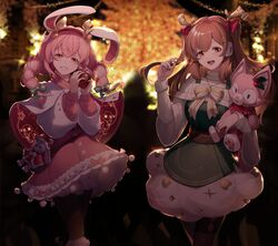  2girls absurdres animal_ears blush braid brown_eyes brown_hair christmas dress fake_antlers han_(ozrfour) highres jewelry long_hair looking_at_viewer multiple_girls nanami_(virtuareal) necklace night nijisanji open_mouth pink_eyes pink_hair playing_with_own_hair rabbit_ears smile standing stuffed_animal stuffed_toy twintails virtual_youtuber virtuareal 