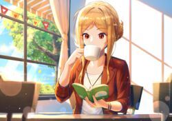  absurdres awning blonde_hair blurry book bracelet chair commentary_request cup curtains day depth_of_field drinking female glass hair_bun hair_up heart highres holding holding_book holding_cup idolmaster idolmaster_million_live! idolmaster_million_live!_theater_days indoors jacket jewelry long_hair mazel_(mazel_star) momose_rio open_book pendant plate reading red_eyes sidelocks single_hair_bun sitting solo string_of_flags table tree upper_body window window_shadow 