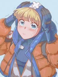  animification apex_legends blonde_hair blue_background blue_bodysuit blue_eyes blue_headwear bodysuit female hands_on_own_head highres hood hooded_bodysuit jacket kogane_mushi lichtenberg_figure looking_up orange_jacket ribbed_bodysuit scar scar_on_cheek scar_on_face solo tearing_up teeth upper_teeth_only wattson_(apex_legends) white_bodysuit 