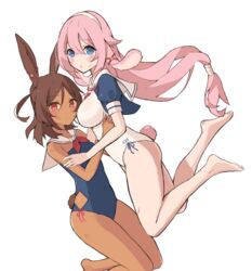  2girls animal_ears azur_lane bad_id bad_pixiv_id barefoot blue_eyes blue_one-piece_swimsuit blush breasts brown_eyes brown_hair dark-skinned_female dark_skin floating_hair hair_between_eyes hair_ribbon hairband hamuhamu_hamuo i-25_(azur_lane) i-26_(azur_lane) large_breasts long_hair looking_at_viewer low-tied_long_hair multiple_girls one-piece_swimsuit open_mouth parted_bangs pink_hair rabbit_ears rabbit_tail ribbon sailor_collar short_hair simple_background strapless strapless_one-piece_swimsuit swimsuit tail very_long_hair white_background white_one-piece_swimsuit white_sailor_collar 