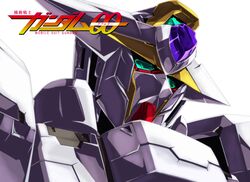  azel_(horusuke) close-up commentary_request copyright_name english_text green_eyes gundam gundam_00 logo mecha no_humans portrait reborns_gundam robot shiny solo 