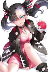  angry aqua_eyes asymmetrical_bangs asymmetrical_hair black_choker black_footwear black_hair black_jacket black_nails blush breasts choker clenched_teeth commentary_request dress dress_tug earrings female hair_ribbon highres holding holding_poke_ball jacket jewelry long_hair long_sleeves looking_at_viewer marnie_(pokemon) mitsunari_miyako pink_dress poke_ball poke_ball_(basic) pokemon pokemon_swsh red_ribbon ribbon simple_background small_breasts solo tears teeth twintails white_background 