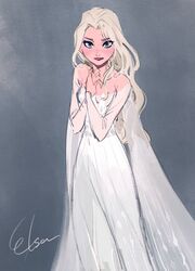  blonde_hair blue_eyes blush breasts character_name collarbone commentary_request curly_hair dress elsa_(frozen) feet_out_of_frame female frozen_(disney) frozen_ii_(disney) grey_background hands_on_own_chest highres lipstick long_dress long_hair long_sleeves makeup masso off_shoulder own_hands_together parted_lips purple_lips simple_background small_breasts solo standing white_dress 