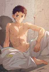  1boy absurdres bandaid beitemian brown_hair dirty elbow_on_knee evangelion:_3.0+1.0_thrice_upon_a_time hand_on_floor highres injury kaji_ryouji linea_alba male_focus name_tag neon_genesis_evangelion nipples on_floor pants rebuild_of_evangelion short_hair solo topless_male wall white_pants 