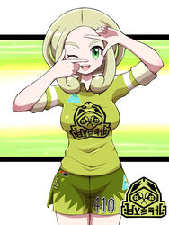  ;d absurdres alternate_costume blonde_hair breasts commentary_request female finger_frame green_eyes green_shirt green_shorts gym_challenge_uniform hands_up highres jersey large_breasts medium_hair one_eye_closed open_mouth pokemon pokemon_swsh pokemon_xy shabana_may shirt shorts smile solo sportswear t-shirt thick_eyebrows uniform_number viola_(pokemon) 