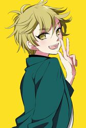  1boy :d ashikaga_hyouta bishounen_series blonde_hair blush commentary_request eyelashes from_side green_jacket hand_up highres jacket looking_at_viewer male_focus open_mouth shirt short_hair simple_background smile solo tama_(riytk) teeth tongue upper_body w white_shirt yellow_background yellow_eyes 