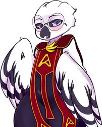  anthro avian beak bird cadslime calloway_calversian eyewear feathered_wings feathers glasses hi_res horned_owl male owl simple_background snowy_owl solo thick_thighs true_owl white_body white_feathers wings 