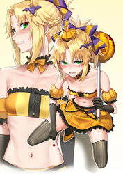  bangs bare_shoulders bat_hair_ornament blonde_hair blood bloody_weapon blush bow braid breasts candy choker clenched_teeth fate/apocrypha fate/grand_order fate_(series) female food french_braid frills gloves green_eyes hair_ornament hairbow hairclip halloween_costume highres lollipop midriff mordred_(fate)_(all) navel open_mouth parted_bangs ponytail pumpkin_hat shijiu_(adamhutt) small_breasts solo squatting strapless teeth thighhighs tubetop weapon zettai_ryouiki 