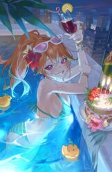  absurdres arm_up ass bare_shoulders bikini birthday birthday_cake bracelet breasts cake candle caustics cityscape cup drinking_glass eyewear_on_head female flower food green_bikini grin hair_flower hair_ornament halterneck hibiscus highres holding hololive hololive_english jewelry jyuma kotori_(takanashi_kiara) long_hair looking_at_viewer medium_breasts multicolored_hair night official_alternate_costume orange_hair outdoors ponytail pool purple_eyes ring rooftop rubber_duck smile solo streaked_hair string_bikini striped_bikini striped_clothes sunglasses swimsuit takanashi_kiara takanashi_kiara_(casual) two-tone_hair virtual_youtuber water wet white-framed_eyewear wine_glass 