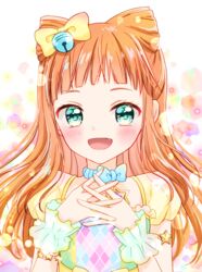  :d aikatsu!_(series) aikatsu_stars! argyle armlet bell blue_choker blunt_bangs blurry blush bokeh bow bow_choker choker cone_hair_bun depth_of_field female green_eyes hair_bell hair_bun hair_ornament hairbow hand_on_own_chest idol_clothes lens_flare light_particles long_hair looking_at_viewer multicolored_shirt oerba_yun_fang open_mouth orange_hair saotome_ako see-through see-through_sleeves short_sleeves smile solo star_bracelet tiramisu651 twitter_username upper_body wrist_cuffs yellow_bow yellow_sleeves 