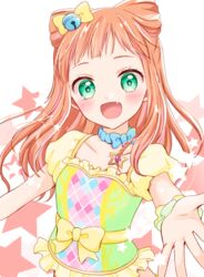  :d aikatsu!_(series) aikatsu_stars! argyle bell blue_choker blunt_bangs blush bow bow_choker choker cone_hair_bun female foreshortening green_eyes hair_bell hair_bun hair_ornament hair_over_shoulder hairbow idol_clothes long_hair looking_at_viewer midriff multicolored_shirt oerba_yun_fang open_mouth orange_hair reaching saotome_ako short_sleeves simple_background smile solo star_(symbol) starry_background tiramisu651 twitter_username upper_body white_background wrist_cuffs yellow_bow yellow_sleeves 