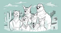  absurd_res anthro badger cactus canid canine canis clifford_tibbits clothed clothing cougar coyote cynthia_(the_smoke_room) digital_drawing_(artwork) digital_media_(artwork) echo_(series) echo_project european_badger eyewear felid feline female fox fur glasses group hi_res male mammal meles miner_helmet murdoch_byrnes mustelid musteline nikolai_krol plant red_fox samuel_ayers shtarfish simple_background stoat the_smoke_room true_fox true_musteline weasel william_adler 