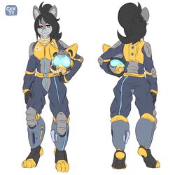  1:1 2019 anthro armor battletech black_hair blue_nose canid canine canis cev clothed clothing digital_media_(artwork) ear_tuft femboy full-length_portrait fur grey_body grey_fur hair headgear helmet long_hair looking_at_viewer male mammal mechwarrior model_sheet portrait rear_view red_eyes simple_background smile solo tuft wolf 