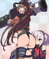  2girls aqua_eyes arm_tattoo armband ass ass_worship bandaid bandaid_on_face belorta_(nikke) black_gloves black_leotard black_vest brown_hair carronades_(nikke) cheek_squash closed_mouth commentary cowboy_shot dated earpiece elbow_gloves facepaint female_pervert fingerless_gloves from_behind gloves goddess_of_victory:_nikke head_on_ass helmet highres holding holding_weapon leotard leotard_under_clothes long_hair long_sleeves looking_at_viewer looking_back medium_hair mica_(nikke) multiple_girls night_vision_device open_mouth orange_shirt patterned_background pervert red_shirt rocket_launcher shirt smile standing syope tactical_clothes tattoo thigh_strap thighs thong_leotard twintails twitter_username vest weapon white_hair yellow_eyes yuri 