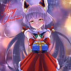  animal_ears blunt_bangs cat_ears chest_jewel christmas dress facial_mark female gem gift gloves grey_hair long_hair low_twintails nia_(blade)_(xenoblade) nia_(xenoblade) red_gloves santa_dress solo twintails very_long_hair xenoblade_chronicles_(series) xenoblade_chronicles_2 yellow_eyes z-ki 