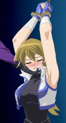  1other anime_coloring armpits arms_up black_gloves blush bound breasts brown_hair closed_eyes commentary cropped_vest cuffs duel_academy_uniform_(yu-gi-oh!_arc-v) female fingerless_gloves gloves hand_on_another&#039;s_chin handcuffs highres large_breasts long_hair sakura_painter sleeveless sleeveless_turtleneck solo_focus sweat tenjouin_asuka turtleneck upper_body vest yu-gi-oh! yu-gi-oh!_arc-v 