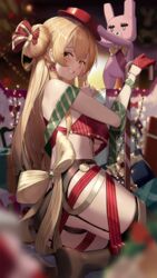  absurdres blonde_hair blush breasts christmas christmas_lights eine_(virtuareal) female from_side hair_bun han_(ozrfour) hat highres indoors kneeling large_breasts long_hair looking_at_viewer nijisanji panties ribbon single_hair_bun smile solo underboob underwear virtual_youtuber virtuareal 