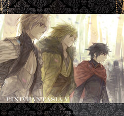  3boys banner black_hair cape copyright_name emanuel_(pixiv_fantasia) frown green_hair lucas_(pixiv_fantasia) male_focus manly messy_hair multiple_boys photoshop_(medium) pixiv_fantasia pixiv_fantasia_5 raineis_han_(pixiv_fantasia) red_eyes serious shishio_(shishio5431) walking white_hair 