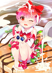  ankle_bow barefoot blueberry bow cake chocolate_syrup commentary_request cream d; female food food-themed_clothes fruit highres holding holding_food holding_fruit in_food mikazuki_akira! mini_person minigirl one_eye_closed open_mouth original personification pink_bow red_bow red_eyes red_hair sexually_suggestive short_hair solo strawberry teeth tongue white_bow 