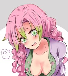  ? alternate_costume areola_slip blush braid breasts cleavage collarbone commentary_request covered_nipples female floral_print gradient_hair green_eyes green_hair grey_background head_tilt highres japanese_clothes kanroji_mitsuri kimetsu_no_yaiba kimono koko_(hm142533) leaning_forward long_hair looking_at_viewer medium_breasts mole mole_under_eye multicolored_hair open_mouth pink_hair simple_background smile solo spoken_question_mark tri_braids two-tone_background two-tone_hair upper_body white_background 