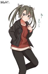  bad_id bad_twitter_id black_jacket black_pants brown_eyes dated female green_eyes green_hair hair_between_eyes hand_in_pocket highres jacket kantai_collection looking_at_viewer meguru_(megurunn) pants red_shirt shirt simple_background solo twintails twitter_username white_background zuikaku_(kancolle) 