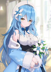  ahoge bell_(oppore_coppore) beret blue_bow blue_flower blue_hair blue_jacket blue_nails blue_skirt blurry blurry_background bow braid breasts brown_eyes center_frills closed_mouth colored_tips commentary_request depth_of_field elf female flower frills fur-trimmed_jacket fur-trimmed_sleeves fur_trim hair_between_eyes hair_flower hair_ornament half_updo hat highres hololive jacket long_hair long_sleeves medium_breasts multicolored_hair nail_polish off_shoulder open_clothes open_jacket plaid plaid_bow pleated_skirt pointy_ears shirt skirt sleeveless sleeveless_shirt sleeves_past_wrists smile solo streaked_hair very_long_hair virtual_youtuber white_flower white_hat white_shirt wide_sleeves yukihana_lamy yukihana_lamy_(1st_costume) 