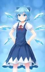  aposine aqua_background aqua_eyes aqua_hair bare_legs blouse blue_bow blue_dress blue_eyes blue_hair bow cirno dress feet_out_of_frame female flat_chest hairbow hands_on_own_hips highres ice ice_wings neck_ribbon pinafore_dress puffy_short_sleeves puffy_sleeves red_ribbon ribbon shirt short_hair short_sleeves sleeveless sleeveless_dress smile solo touhou white_shirt wing_collar wings 