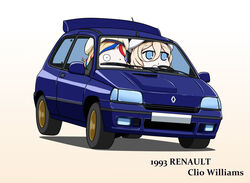  2girls beret blonde_hair blue_eyes car commandant_teste_(kancolle) commentary_request driving hair_between_eyes hat highres kantai_collection long_hair mole mole_under_eye motor_vehicle multicolored_hair multiple_girls renault renault_clio richelieu_(kancolle) simple_background streaked_hair vehicle_focus white_background white_headwear yakuto007 