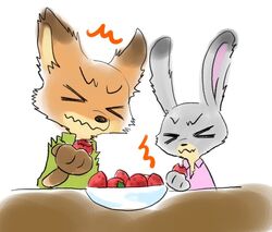  &gt;.&lt; 2021 anthro canid canine clothed clothing disney duo eating food fox fruit izumi_h27 judy_hopps lagomorph leporid mammal nick_wilde plant rabbit red_fox strawberry true_fox zootopia 