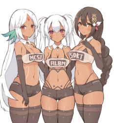  3girls adapted_costume alabama_(azur_lane) alabama_(azur_lane)_(cosplay) azur_lane bad_id bad_pixiv_id bandeau bare_shoulders bikini bikini_top_only bikini_under_clothes black_bikini black_gloves black_panties black_shorts black_thighhighs blush bodypaint braid breasts brown_eyes brown_hair cleavage closed_mouth cosplay dark-skinned_female dark_skin detached_collar elbow_gloves facepaint feather_hair_ornament feathers gloves hair_between_eyes hair_ornament hamuhamu_hamuo hand_on_own_chest head_tilt highleg highleg_panties large_breasts long_hair looking_at_viewer massachusetts_(azur_lane) multiple_girls native_american navel open_mouth panties red_eyes short_shorts shorts simple_background skindentation smile south_dakota_(azur_lane) standing stomach strapless swimsuit thigh_gap thighhighs thighs thong thong_bikini tube_top twintails underwear very_long_hair white_background white_hair 