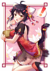  ass back_cutout black_hair blush breasts china_dress chinese_clothes clothing_cutout dress eating female highres holding large_breasts lifted_by_tail looking_at_viewer medium_hair open_mouth original simple_background solo suzumia_(daydream) tail tail_raised thigh_strap thighs yellow_eyes 