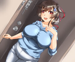  black_hair blue_shirt breasts broken broken_chain chains collarbone doorway female hair_flaps hair_ornament hairclip highres indoors jingei_(coming_of_spring_mode)_(kancolle) jingei_(kancolle) kantai_collection large_breasts long_hair low_ponytail open_door pants red_eyes shigatsu_(soratobuusagi) shirt solo standing whale_hair_ornament white_pants 