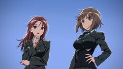  2girls blue_eyes brave_witches breasts brown_hair gundula_rall hand_on_own_chin hand_on_own_hip highres kogarashi51 large_breasts long_hair looking_at_another military military_uniform minna-dietlinde_wilcke multiple_girls necktie red_eyes red_hair short_hair simple_background smile strike_witches uniform world_witches_series 