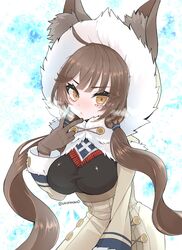  ahoge animal_ears artist_name breasts breath brown_eyes brown_hair coat expressionless female fur-trimmed_headwear fur_trim gloves guardian_tales highres ice_background innuit_girl_coco large_breasts looking_at_viewer short_hair_with_long_locks uniofthedead v 