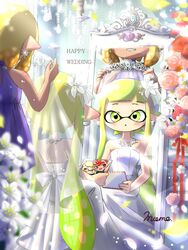  2girls artist_name blunt_bangs blurry blurry_foreground bridal_veil bride commentary depth_of_field dress earrings english_text flower grin hair_flower hair_ornament halterneck highres holding holding_photo inkling inkling_girl inkling_player_character jewelry light_blush long_dress long_hair looking_at_viewer mirror mokokoiro multiple_girls necklace octoling octoling_player_character orange_hair parted_lips petals photo_(object) pointy_ears purple_dress red_ribbon ribbon short_hair signature sitting smile sparkle splatoon_(series) standing strapless strapless_dress tan tentacle_hair tiara veil wedding_dress white_dress white_flower 