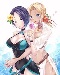  2girls amanoru_mozuku arms_around_waist bikini black_one-piece_swimsuit blonde_hair blue_hair breasts casual_one-piece_swimsuit catherine_(fire_emblem) catherine_(summer)_(fire_emblem) cleavage cocktail_glass cup dark-skinned_female dark_blue_hair dark_skin drinking_glass drinking_straw fire_emblem fire_emblem:_three_houses fire_emblem_heroes flower hair_flower hair_ornament heart highres hug hug_from_behind multiple_girls official_alternate_costume one-piece_swimsuit shamir_nevrand shamir_nevrand_(summer) smile swimsuit white_bikini yuri 