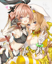  1boy animal_ears armor astolfo_(fate) astolfo_(saber)_(fate) bare_shoulders belt beret bikini bikini_top_only black_bow black_bowtie black_gloves black_ribbon black_shirt black_skirt blonde_hair blue_eyes blush bow bowtie bracelet braid breasts buttons cleavage collar cropped_shirt dog_ears fate/apocrypha fate/grand_order fate_(series) faulds female gloves hair_between_eyes hair_intakes hair_ribbon hairbow hat heart highres jeanne_d&#039;arc_(april_magical)_(fate) jeanne_d&#039;arc_(fate) jewelry large_breasts long_hair long_sleeves looking_at_viewer low_twintails midriff multicolored_hair navel oerba_yun_fang one_eye_closed open_mouth otoko_no_ko pink_hair pleated_skirt purple_eyes ribbon rojiura_satsuki:_chapter_heroine_sanctuary shino_(eefy) shirt skirt smile streaked_hair striped_clothes striped_thighhighs swimsuit thighhighs thighs twintails white_bikini white_gloves white_hair white_headwear wide_sleeves wing_collar yellow_legwear 