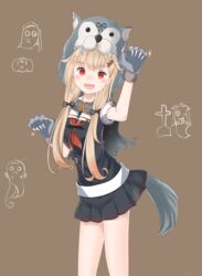  :d animal_hands black_ribbon black_serafuku black_skirt blonde_hair brown_background commentary_request cowboy_shot female ghost gloves gradient_hair hair_flaps hair_ornament hair_ribbon hairclip halloween halloween_costume highres kantai_collection long_hair looking_at_viewer makiyuki multicolored_hair neckerchief open_mouth paw_gloves paw_pose pleated_skirt red_eyes red_neckerchief ribbon school_uniform serafuku short_sleeves skirt smile solo tail wolf_girl wolf_tail yuudachi_(kancolle) yuudachi_kai_ni_(kancolle) 