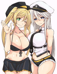  2girls azur_lane bare_shoulders bikini bikini_top_only black_bikini black_headwear black_necktie black_shorts black_skirt blonde_hair blush breasts cleavage collarbone cosplay costume_switch cowboy_hat cowboy_shot cutoffs denim denim_shorts embarrassed enterprise_(azur_lane) enterprise_(azur_lane)_(cosplay) green_eyes hat highres hornet_(azur_lane) hornet_(azur_lane)_(cosplay) imagawa_akira large_breasts long_hair looking_at_viewer miniskirt multiple_girls necktie one_eye_closed peaked_cap pleated_skirt purple_eyes shirt short_shorts shorts simple_background skirt sleeveless sleeveless_shirt smile swimsuit twintails white_background white_hair white_shirt 